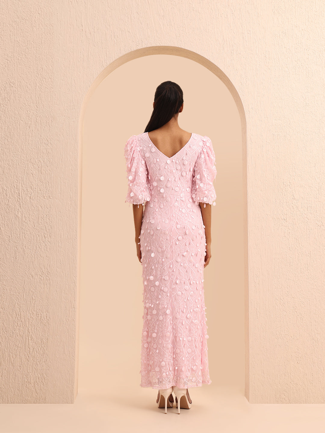 Pink Embellished Puff Sleeves Dress