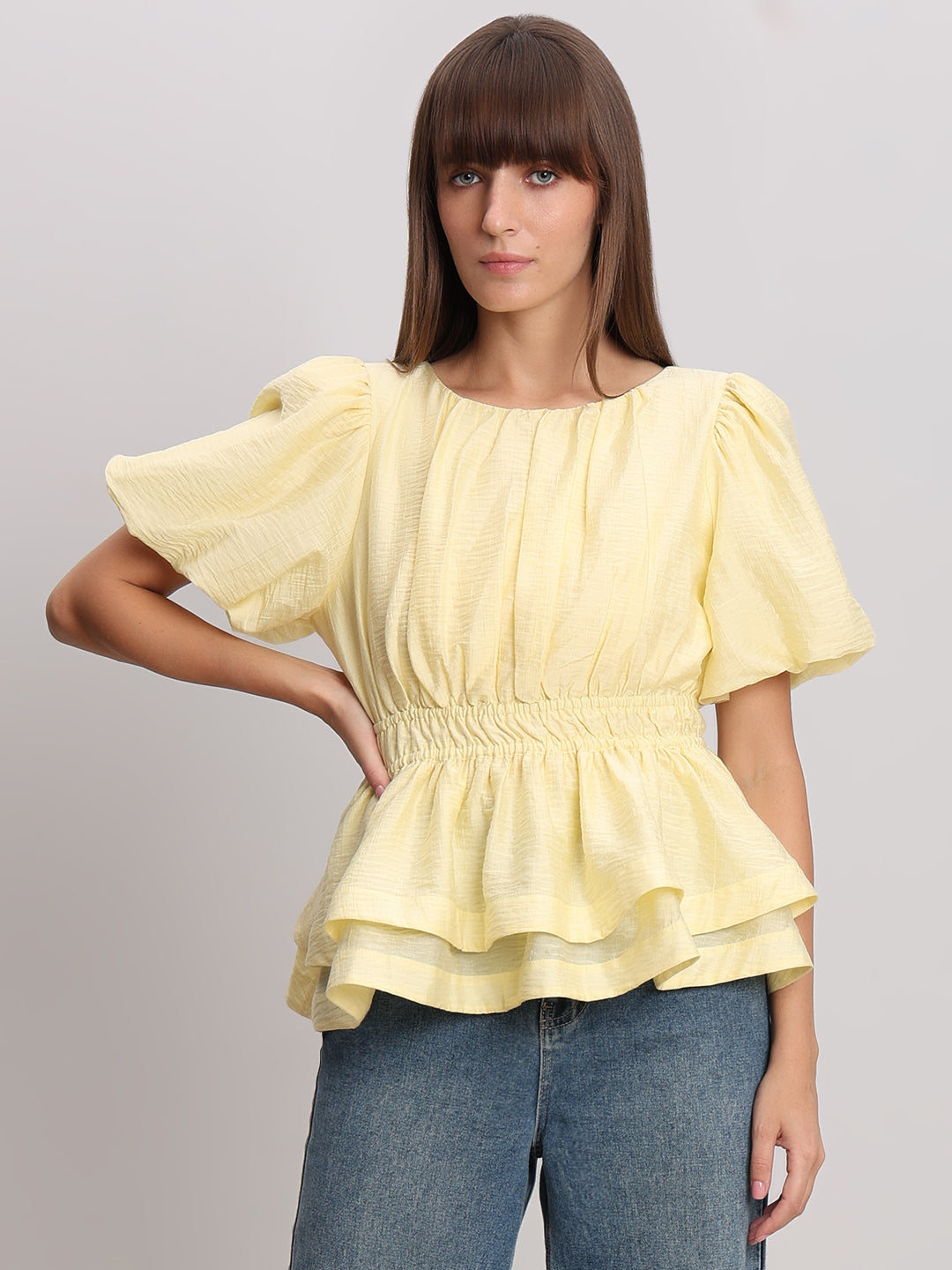 Puff Sleeves Cinched Waist Top