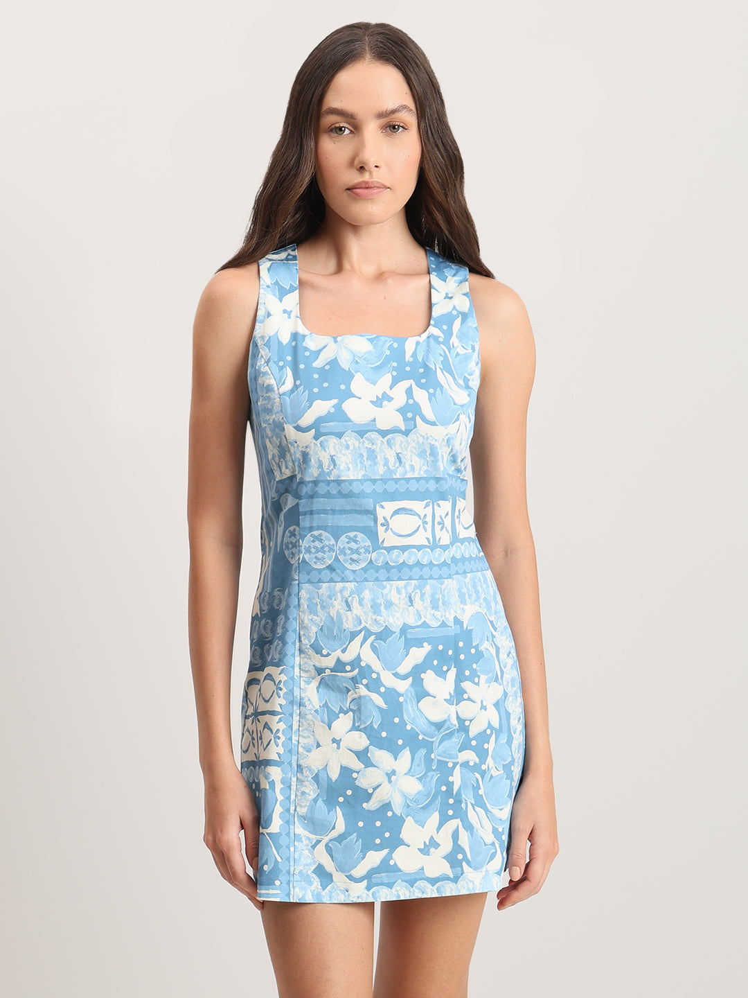 Light Blue Printed Sleeveless Dress