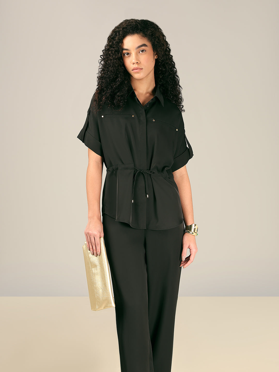 Black Drawstring Waist Shirt