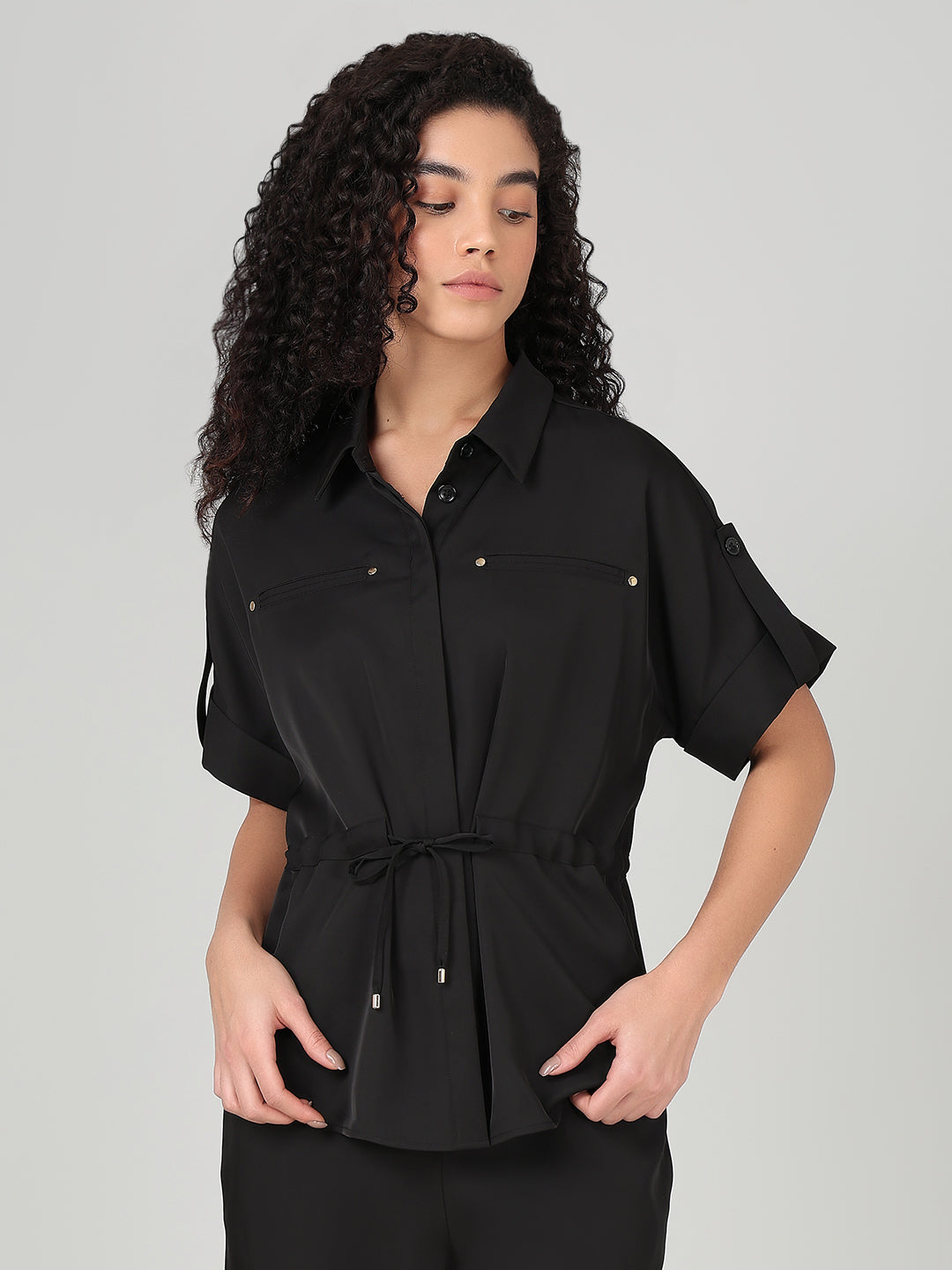 Black Drawstring Waist Shirt