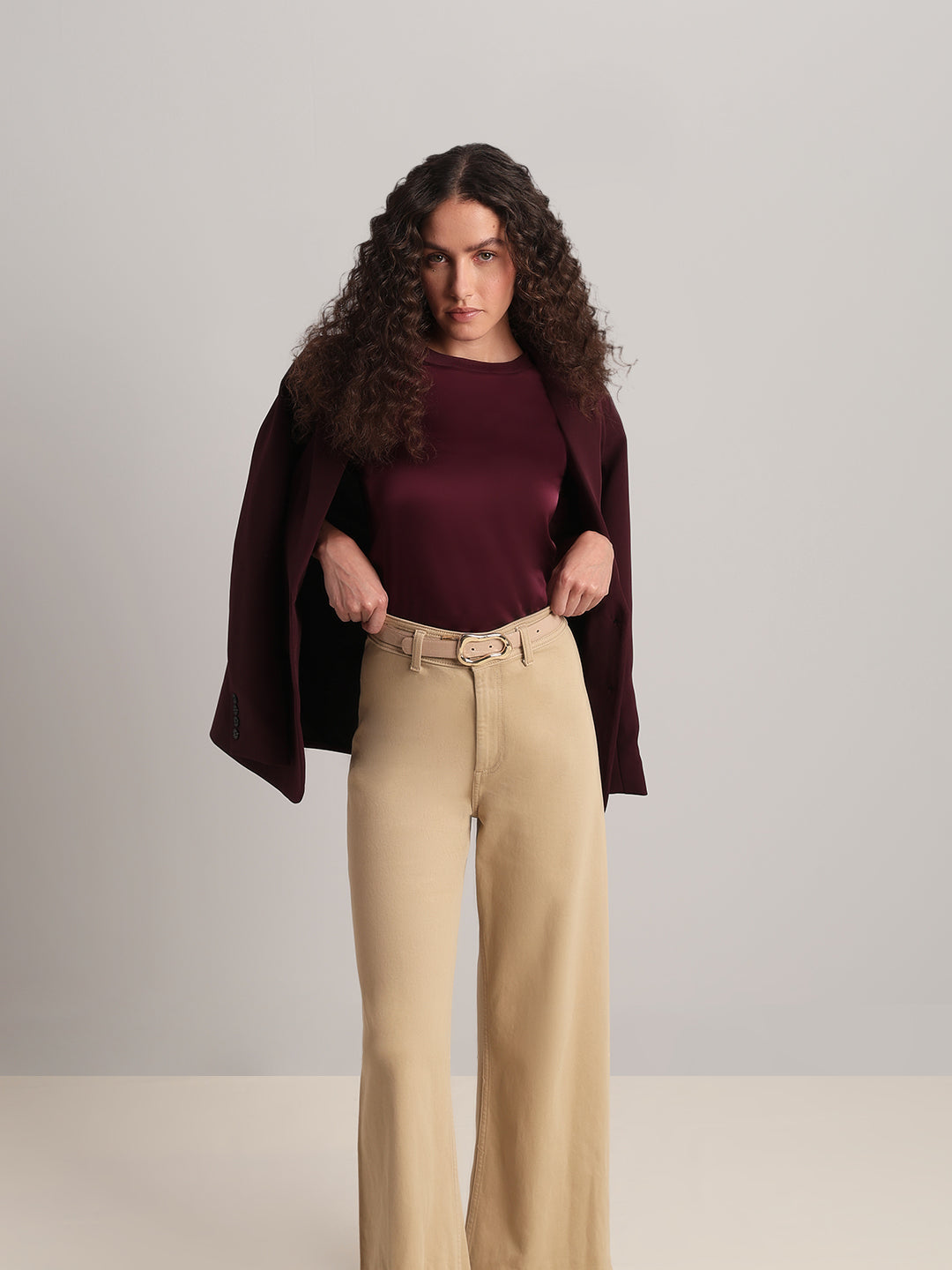 Burgundy Satin Crew-Neck Top