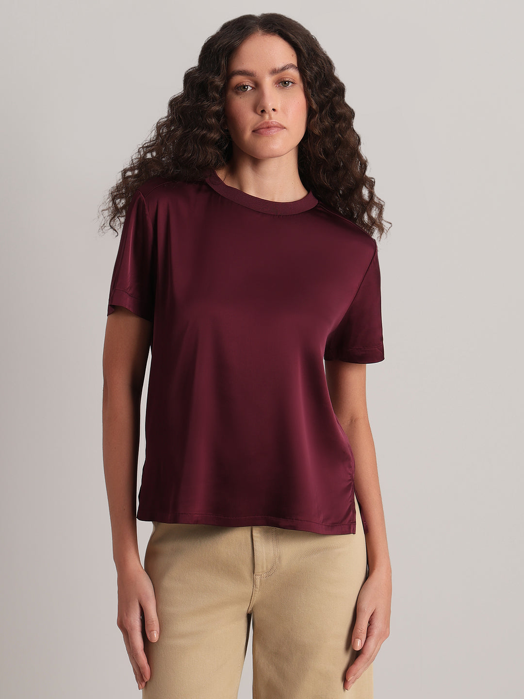 Burgundy Satin Crew-Neck Top