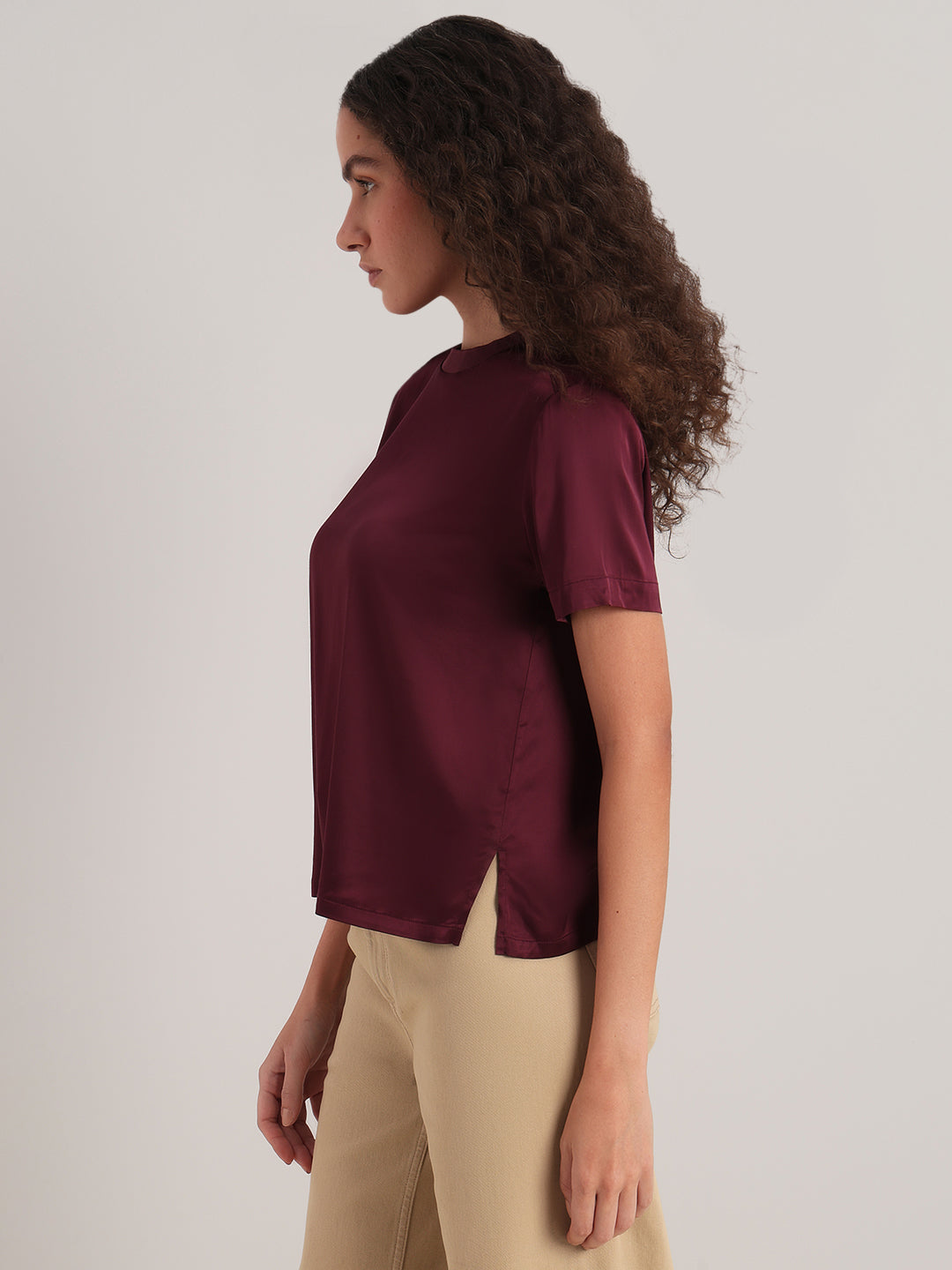 Burgundy Satin Crew-Neck Top