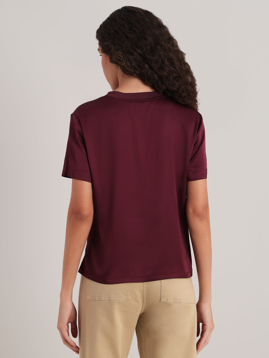 Burgundy Satin Crew-Neck Top