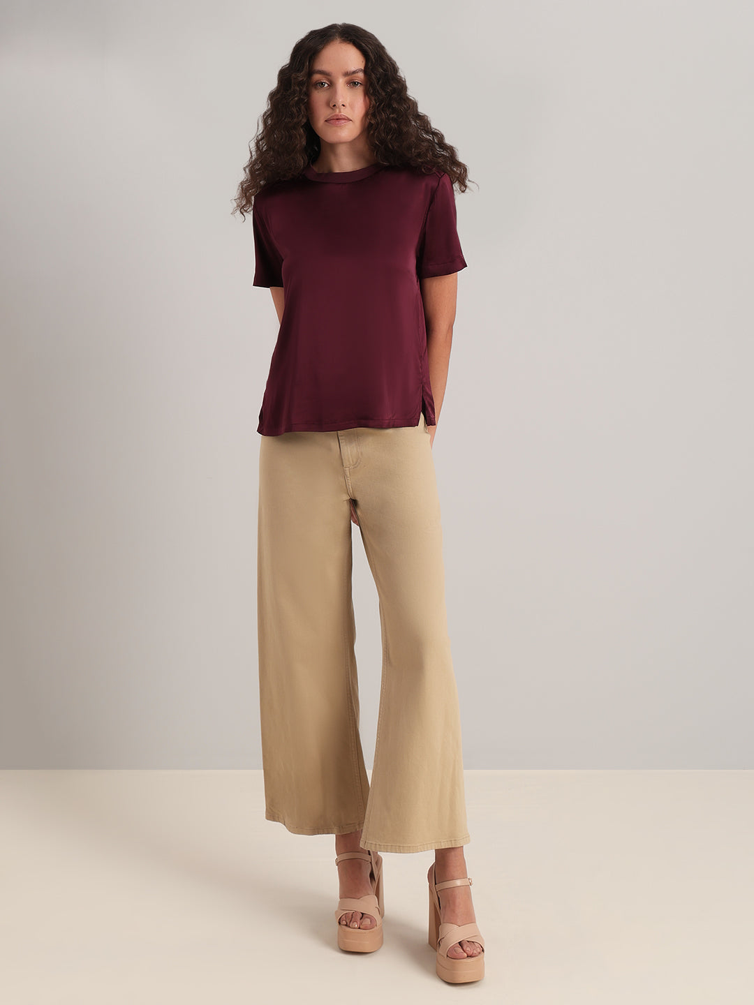 Burgundy Satin Crew-Neck Top
