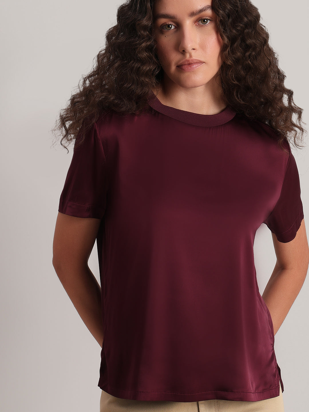 Burgundy Satin Crew-Neck Top
