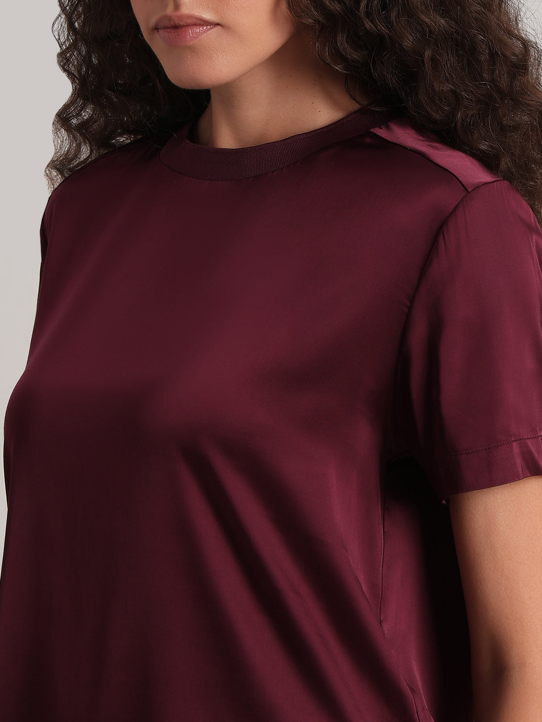 Burgundy Satin Crew-Neck Top