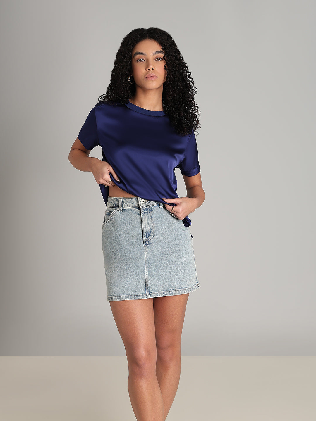 Blue Satin Crew-Neck Top