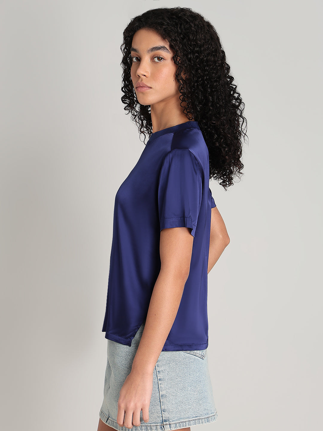 Blue Satin Crew-Neck Top