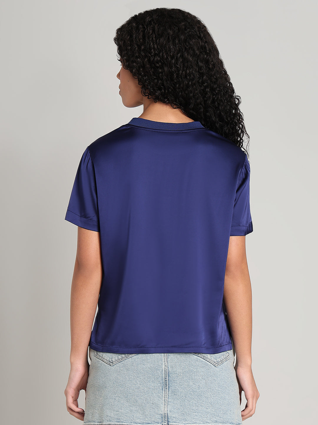Blue Satin Crew-Neck Top