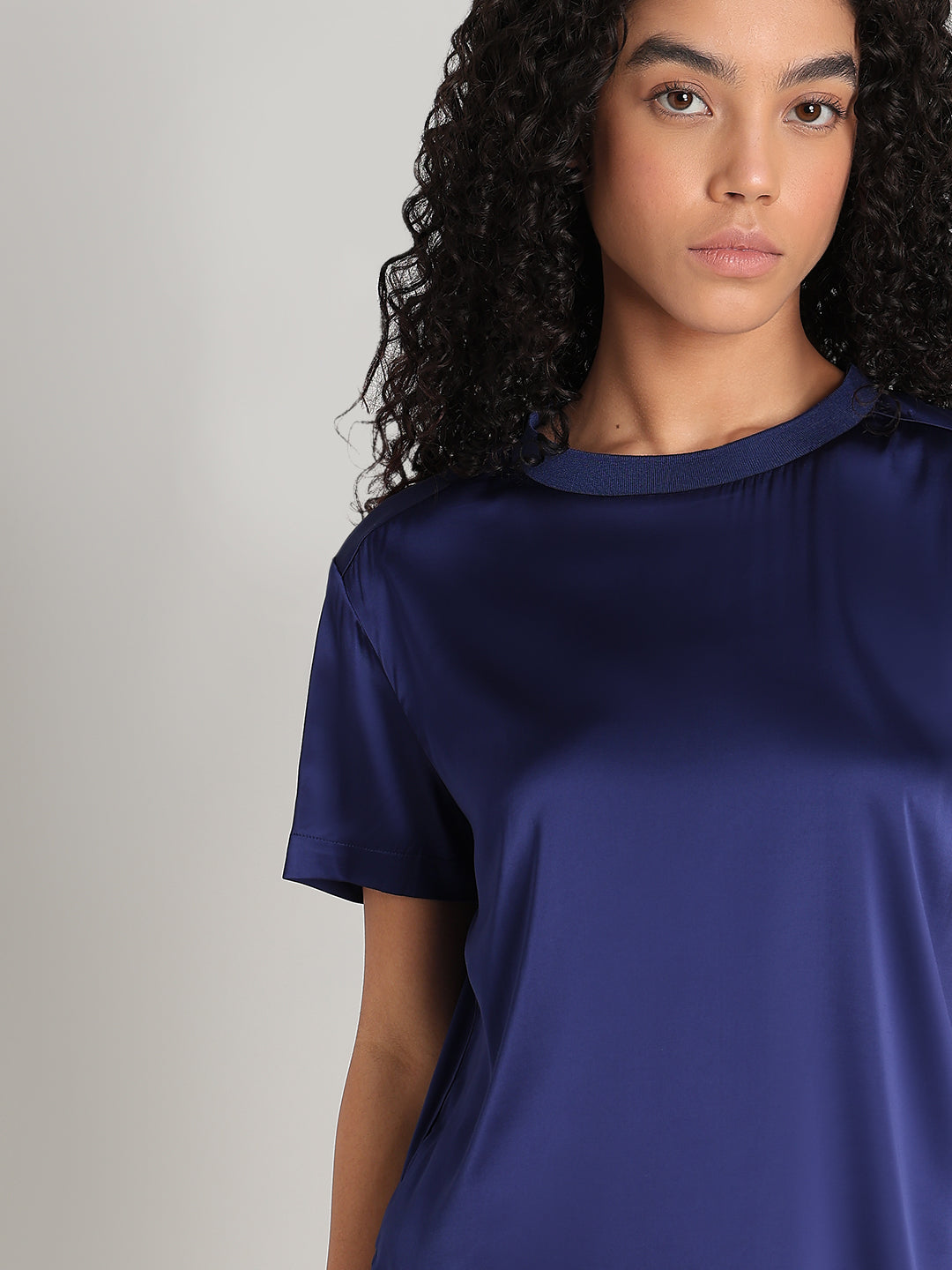 Blue Satin Crew-Neck Top