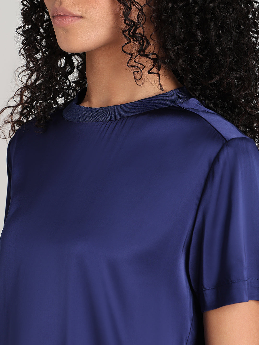 Blue Satin Crew-Neck Top