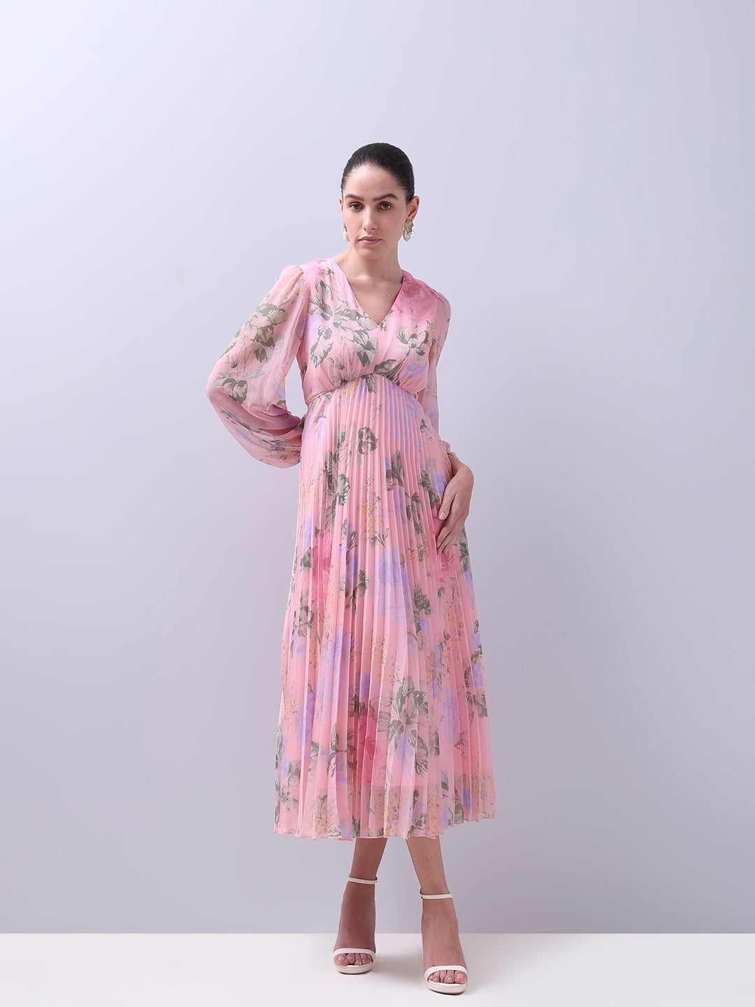 Pink Floral Pleated Dress