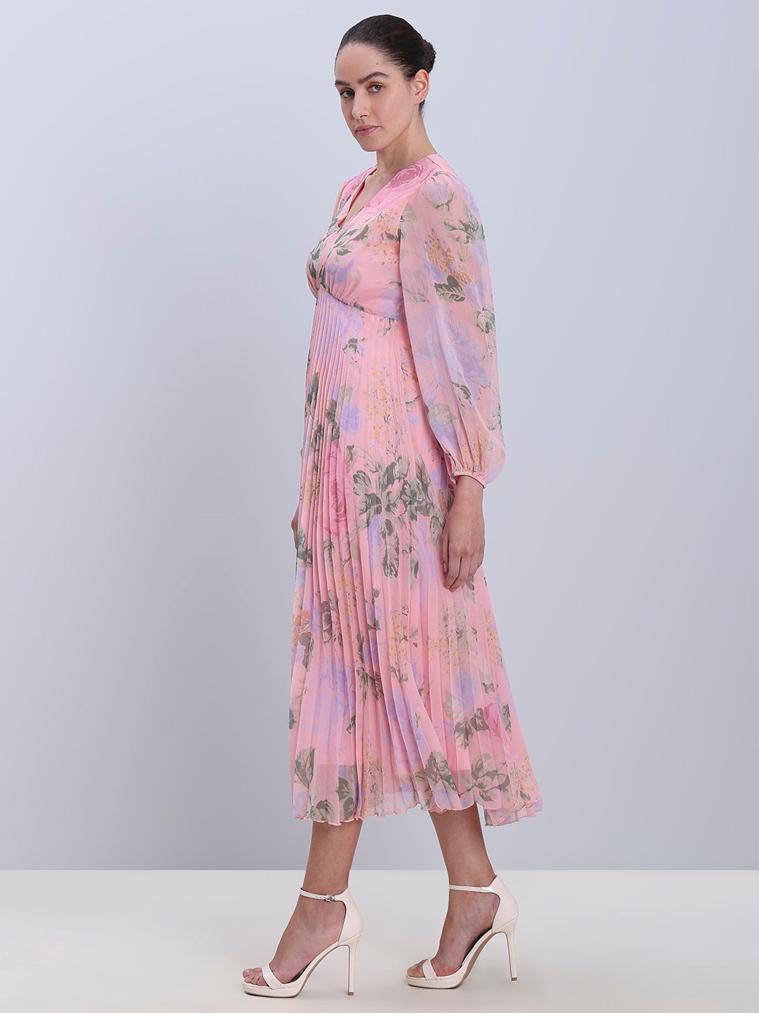 Pink Floral Pleated Dress