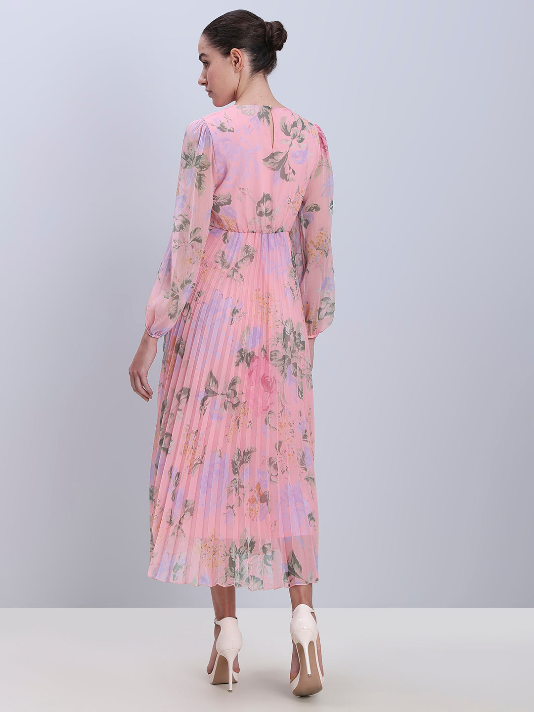 Pink Floral Pleated Dress