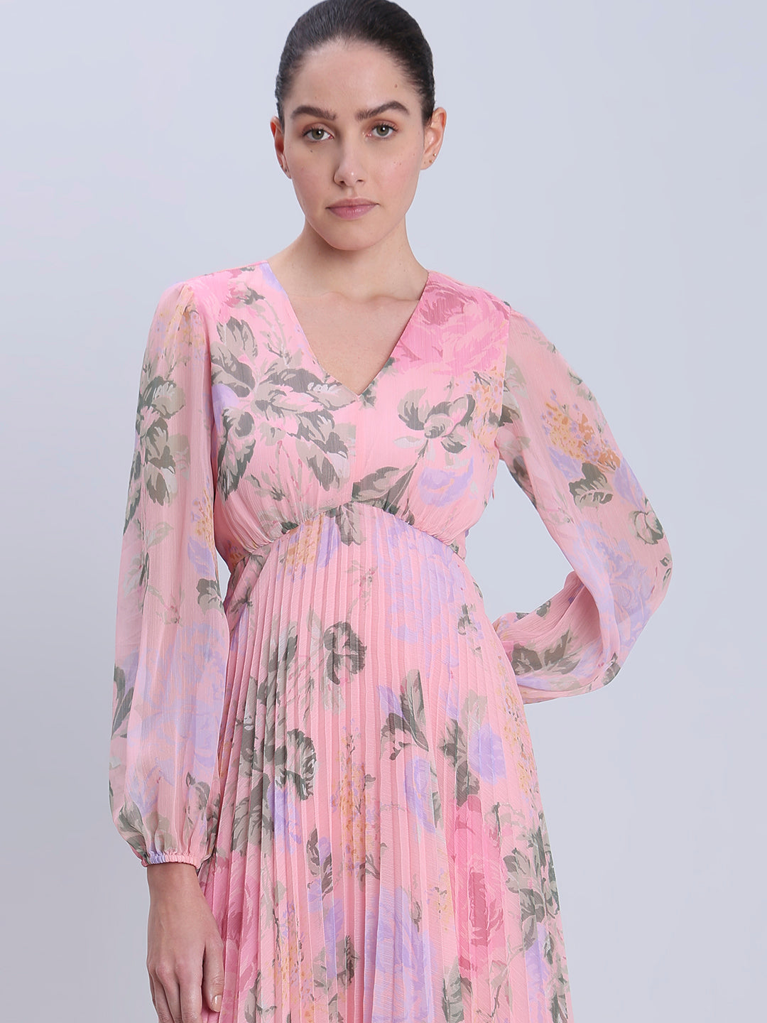 Pink Floral Pleated Dress