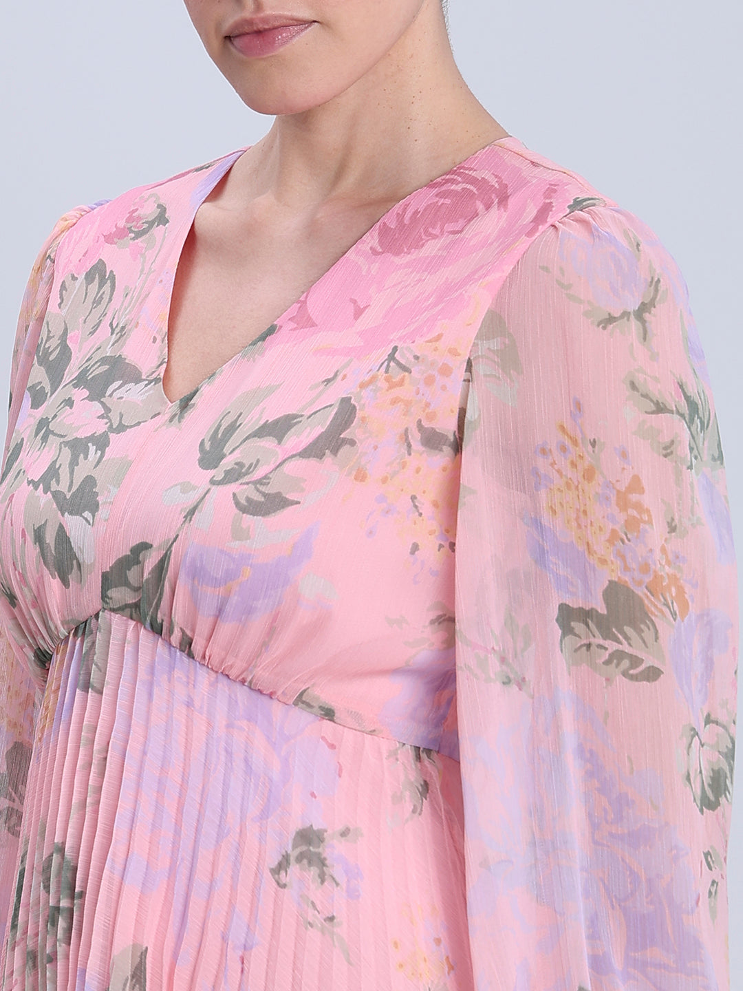 Pink Floral Pleated Dress