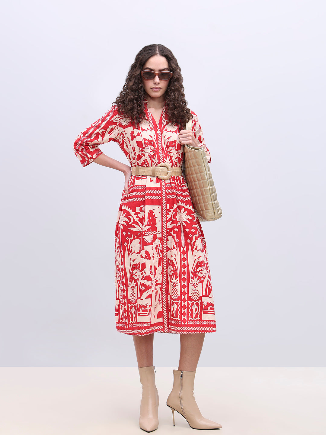 Ecru Printed Belted Shirt Dress