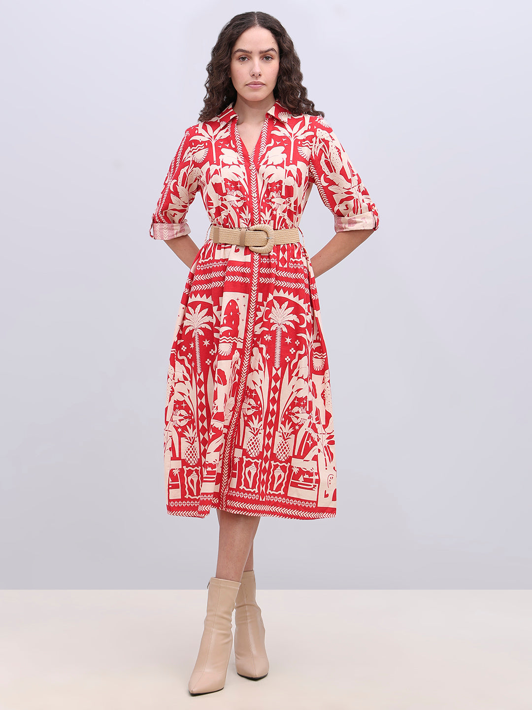 Ecru Printed Belted Shirt Dress