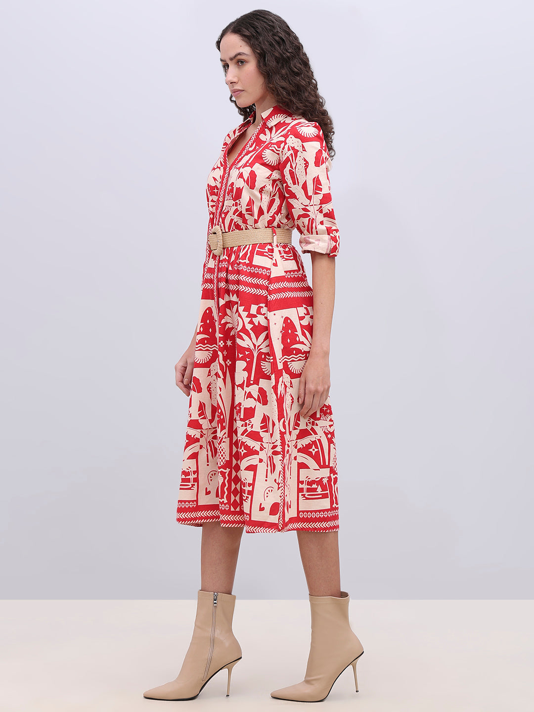 Ecru Printed Belted Shirt Dress