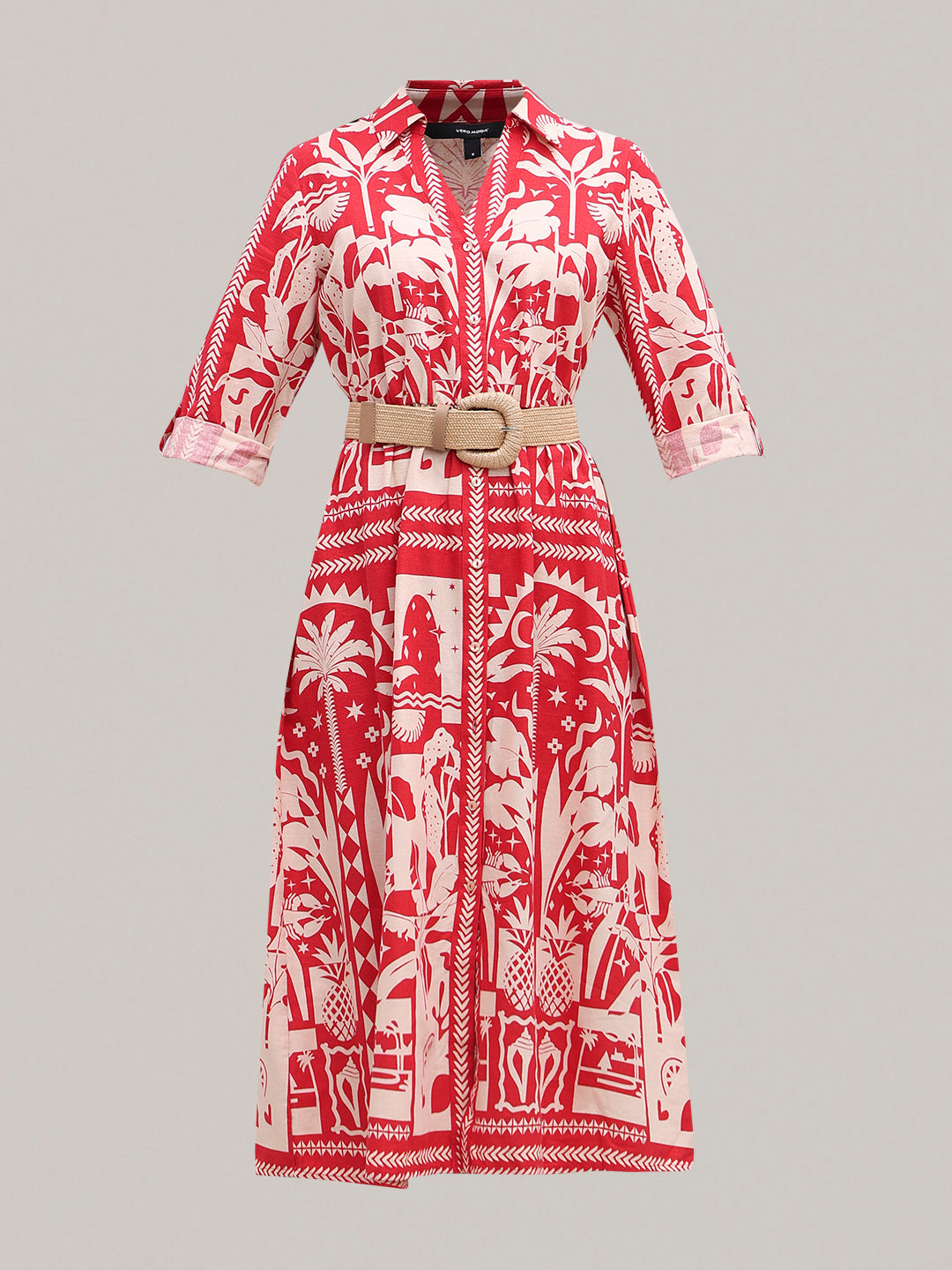 Ecru Printed Belted Shirt Dress