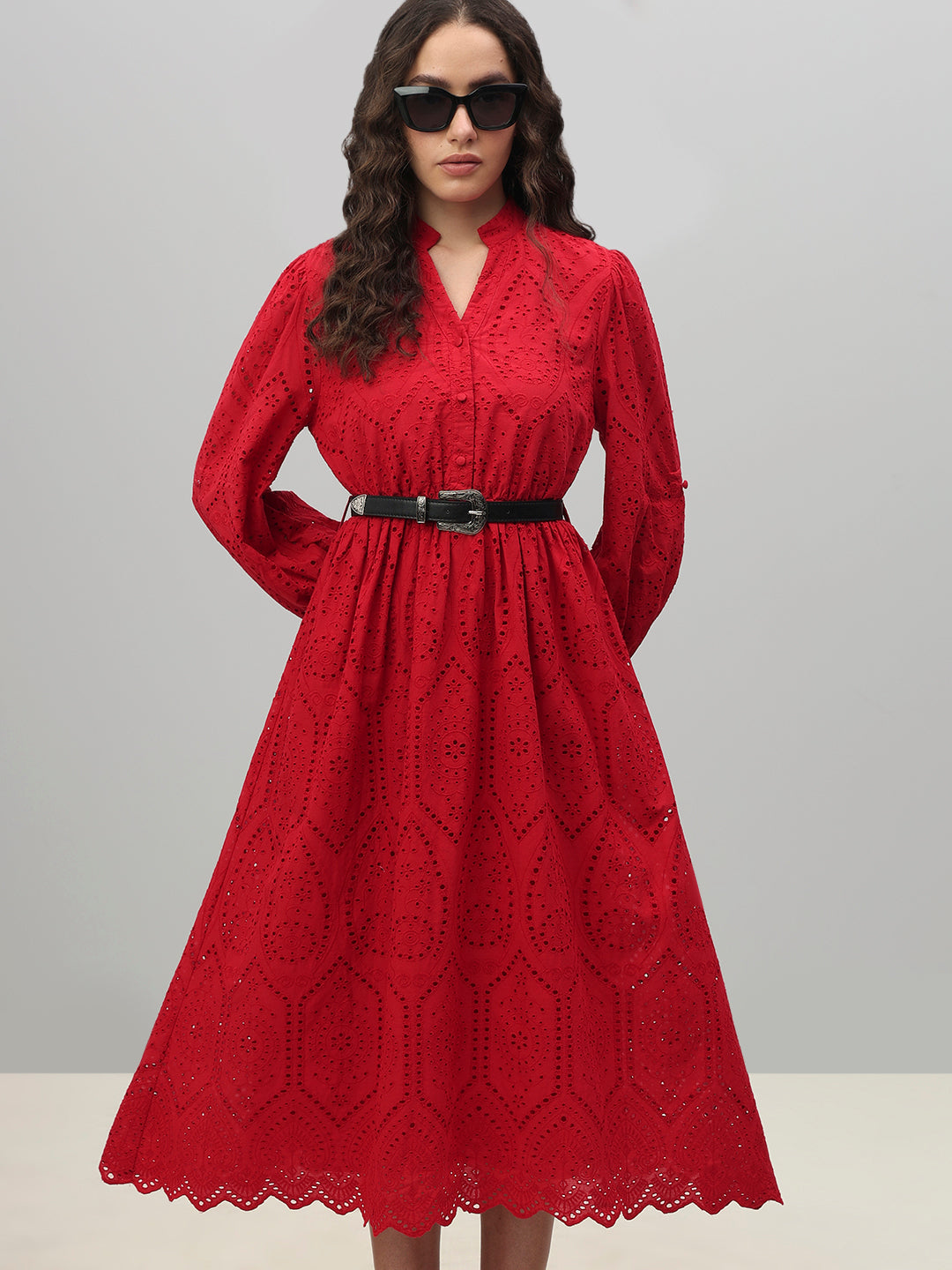 Red Broderie Anglaise Belted Midi Dress