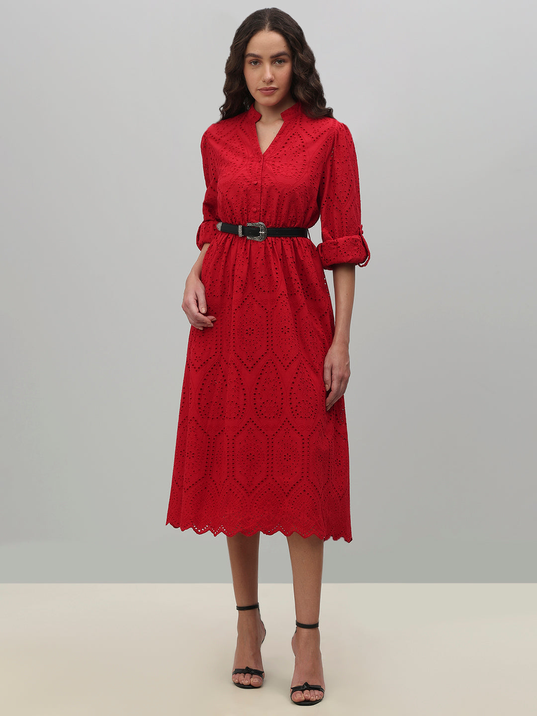 Red Broderie Anglaise Belted Midi Dress