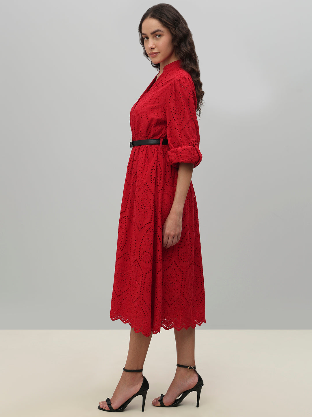 Red Broderie Anglaise Belted Midi Dress