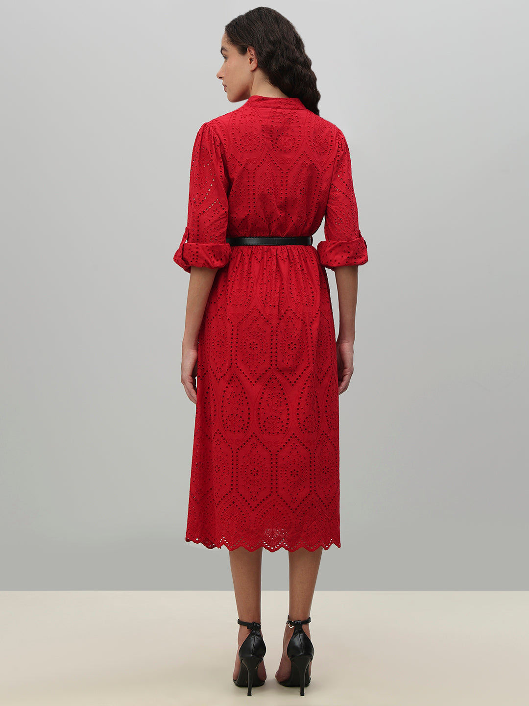 Red Broderie Anglaise Belted Midi Dress