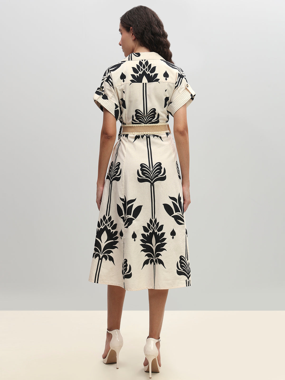 Ecru Printed Belted Shirt Dress