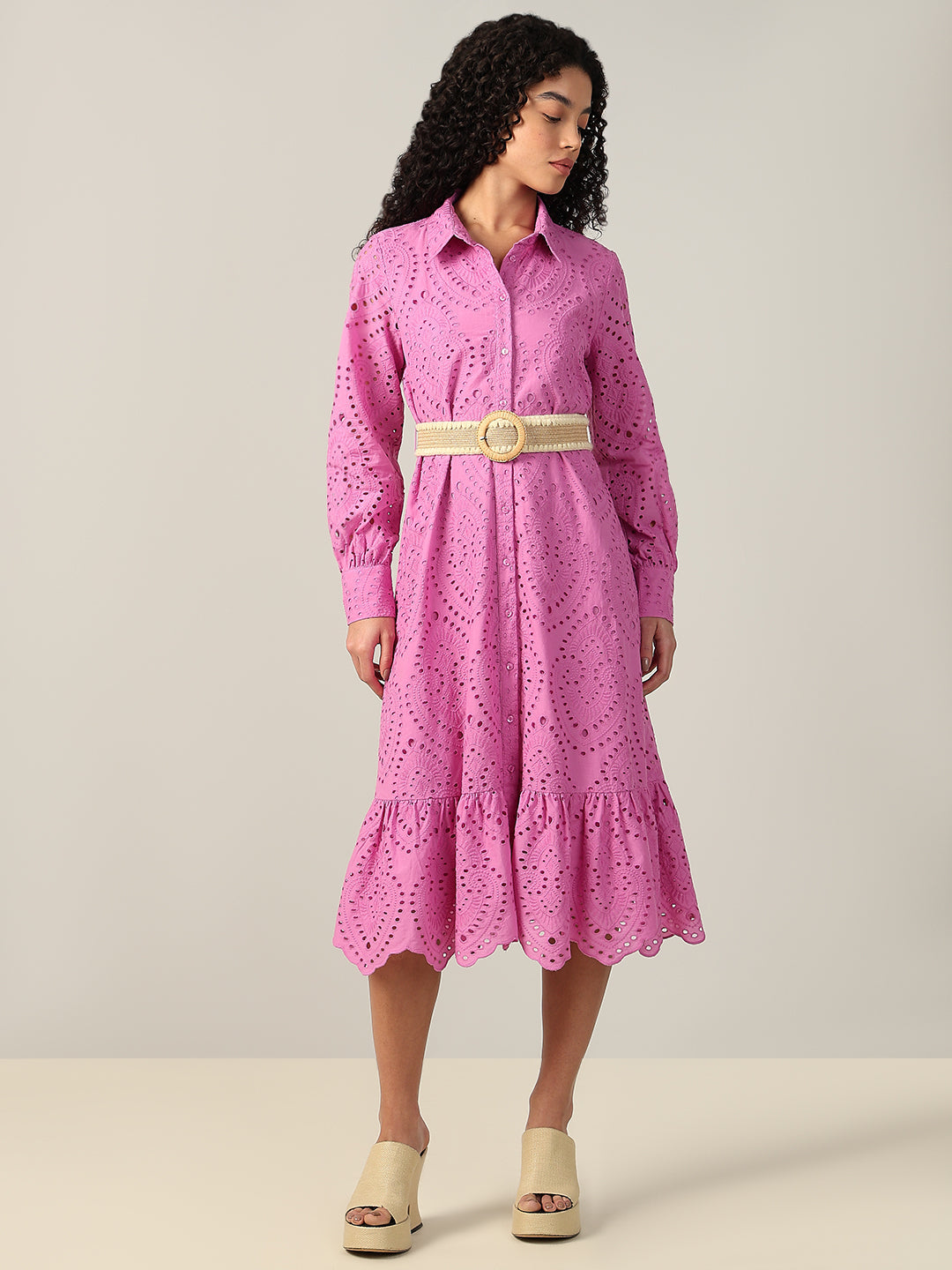 Embroidered Cotton Shirt Dress - Pink