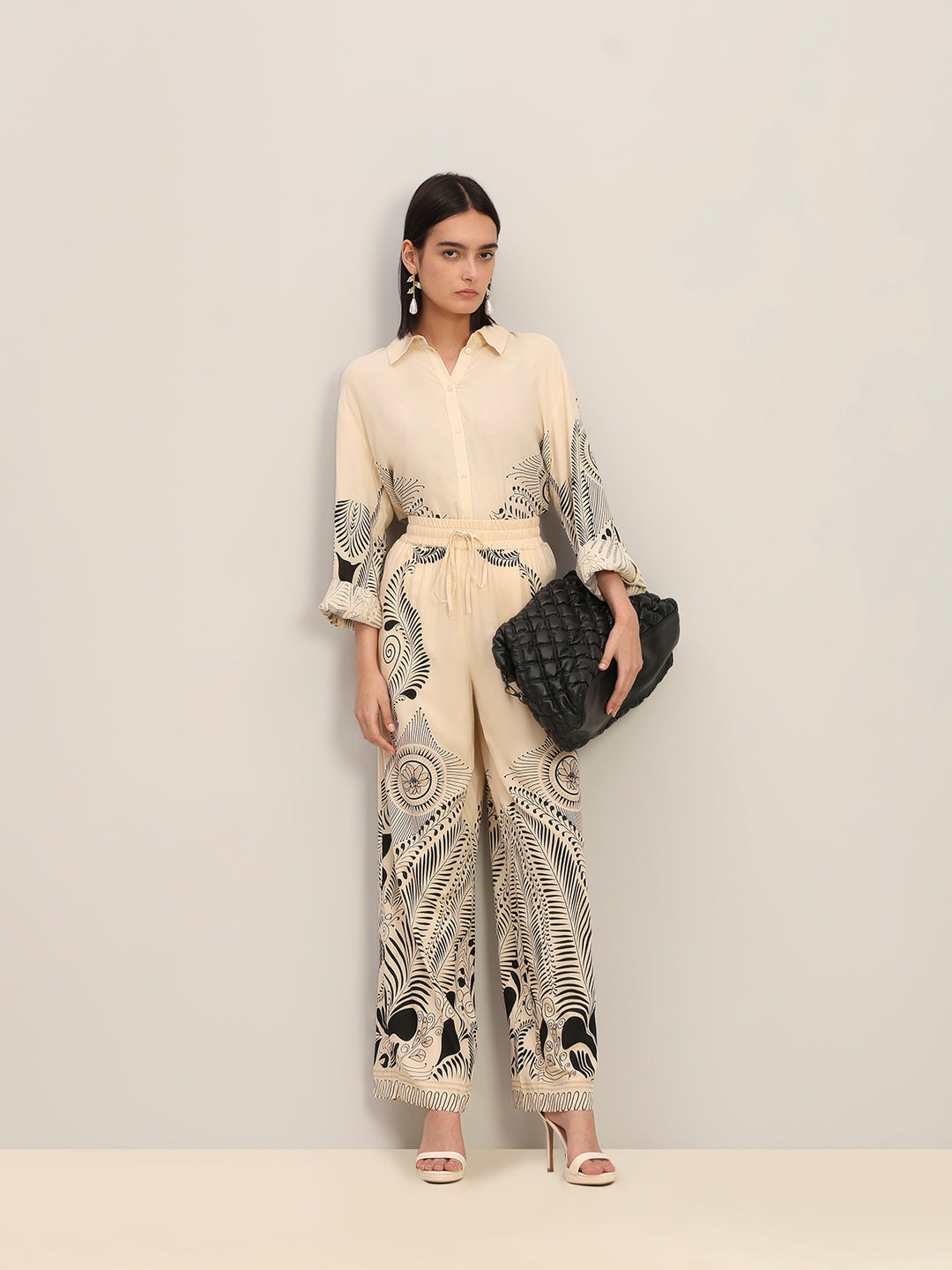 Beige Printed Wide Leg Pants