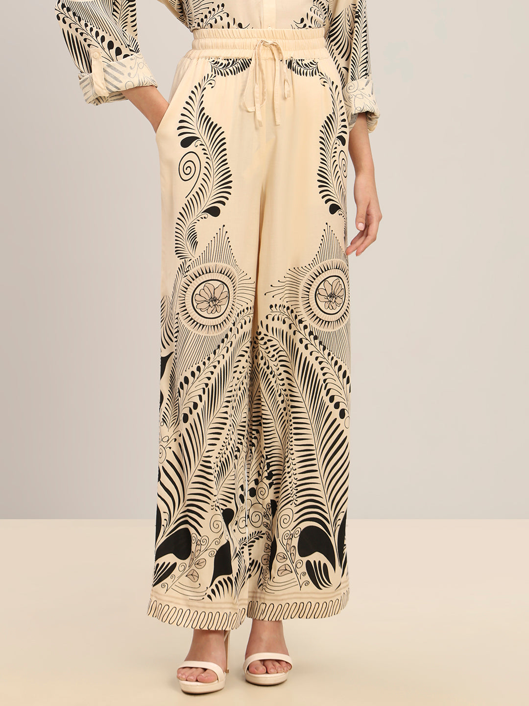 Beige Printed Wide Leg Pants