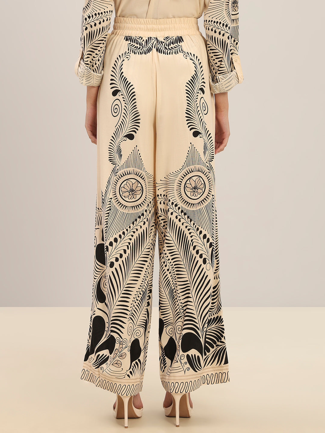 Beige Printed Wide Leg Pants