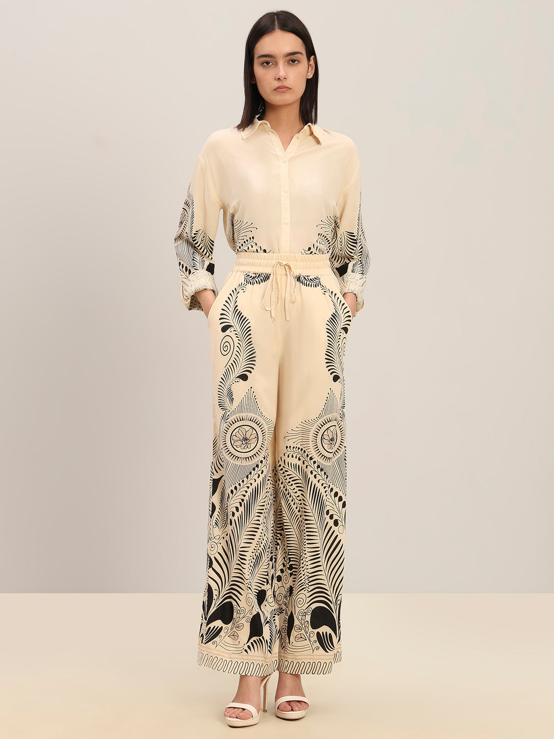 Beige Printed Wide Leg Pants