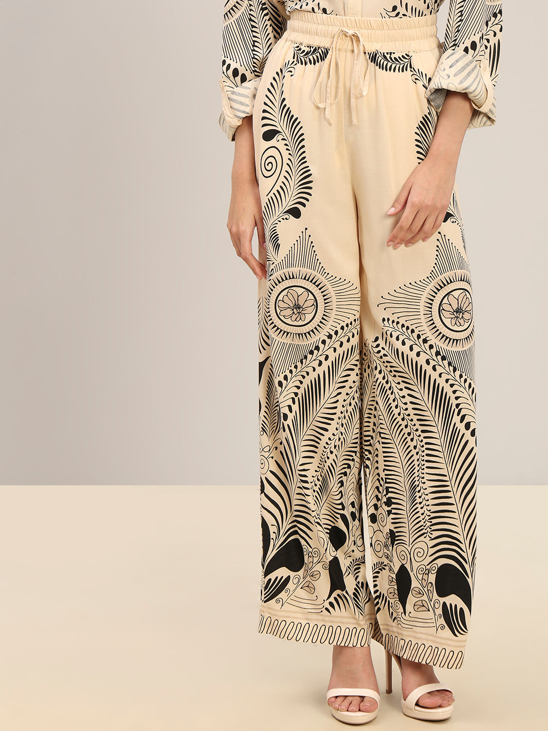 Beige Printed Wide Leg Pants