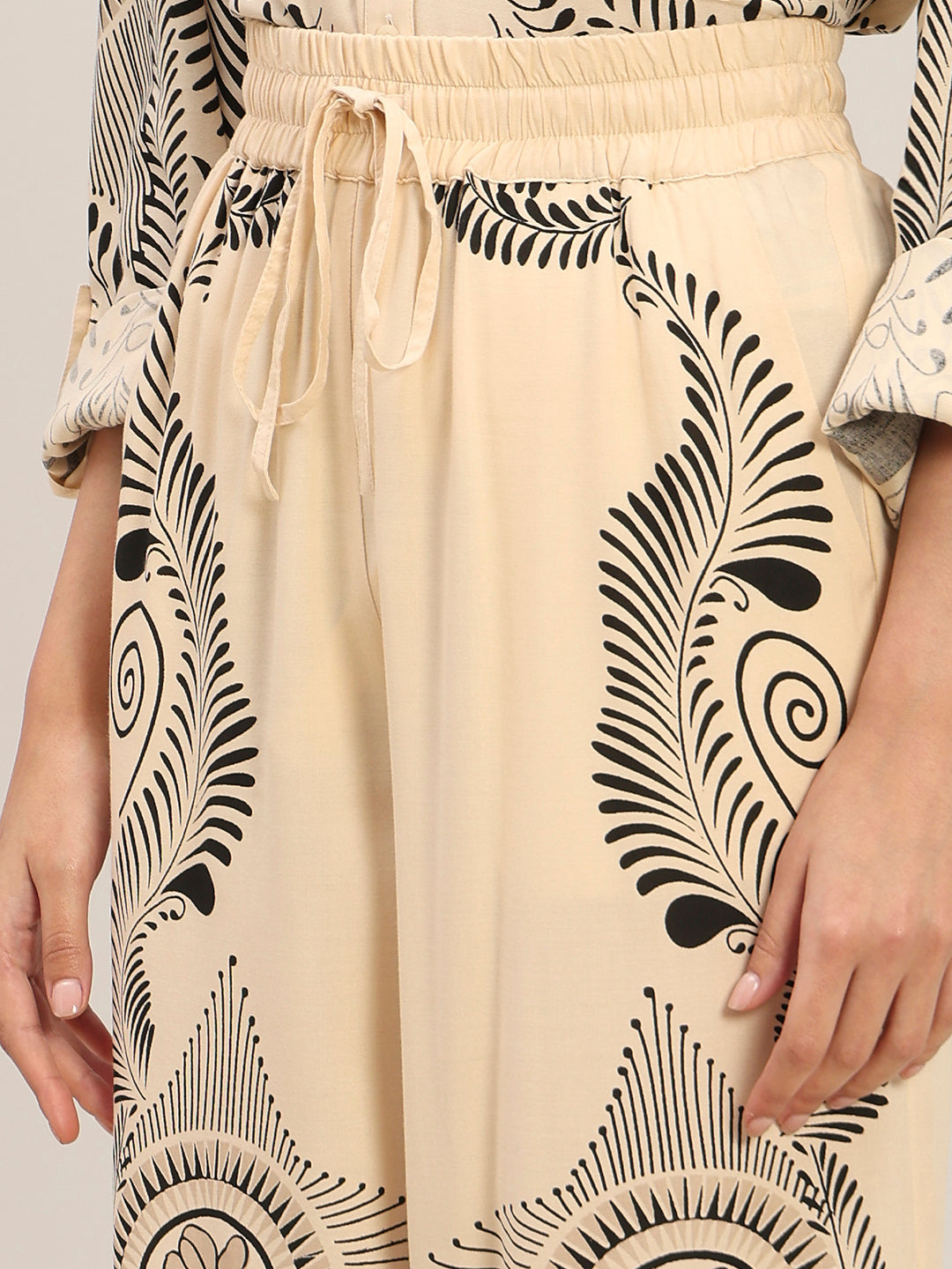 Beige Printed Wide Leg Pants