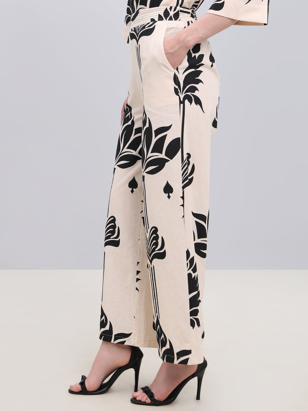 Ecru Printed High Rise Pants