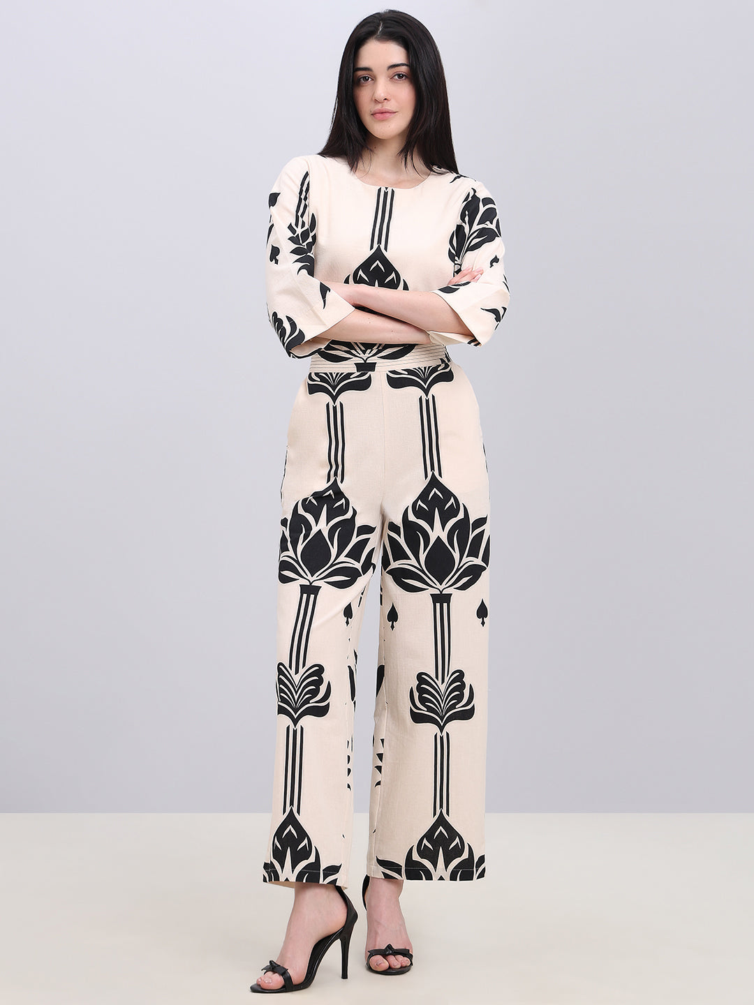 Ecru Printed High Rise Pants