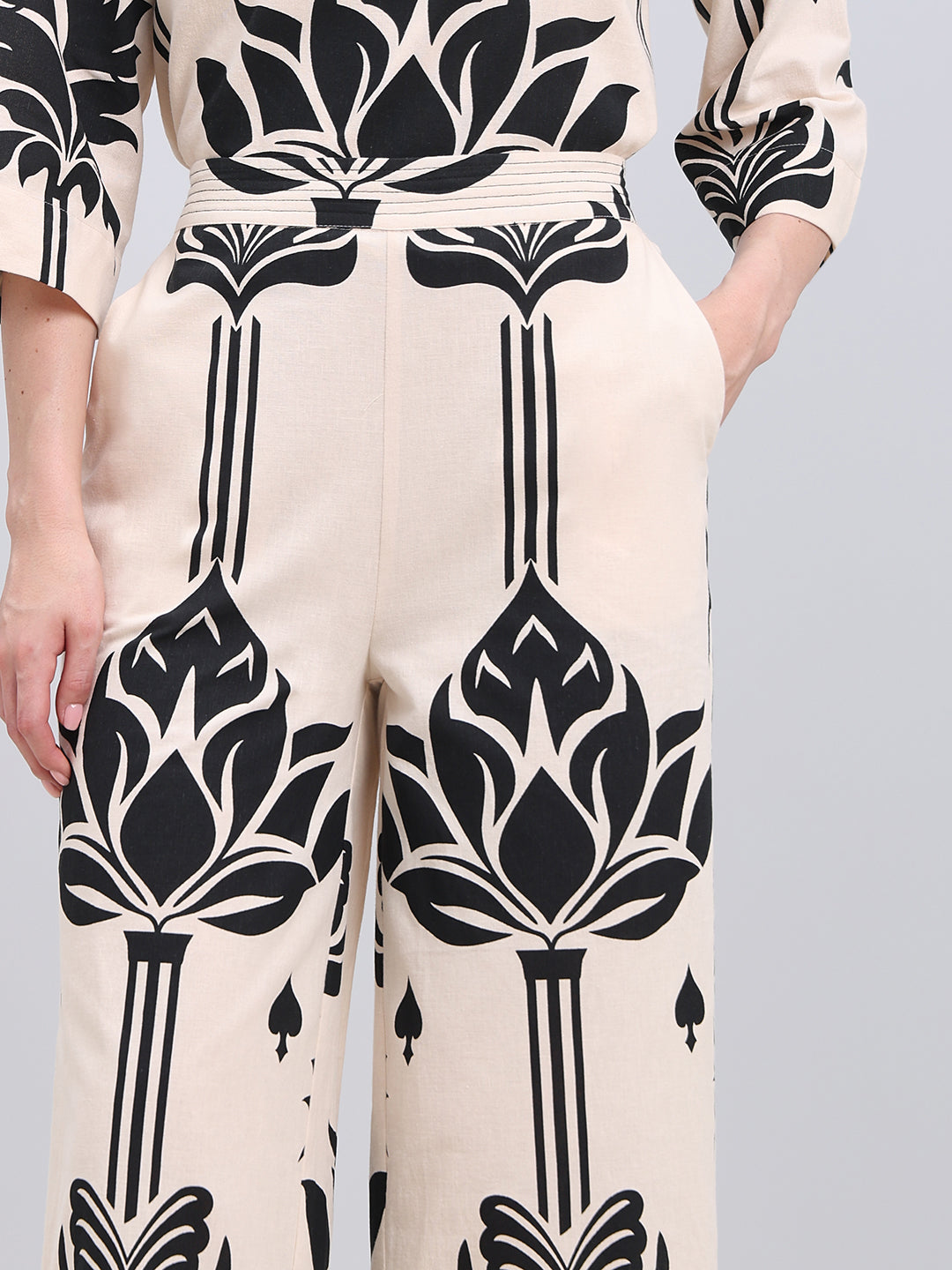 Ecru Printed High Rise Pants