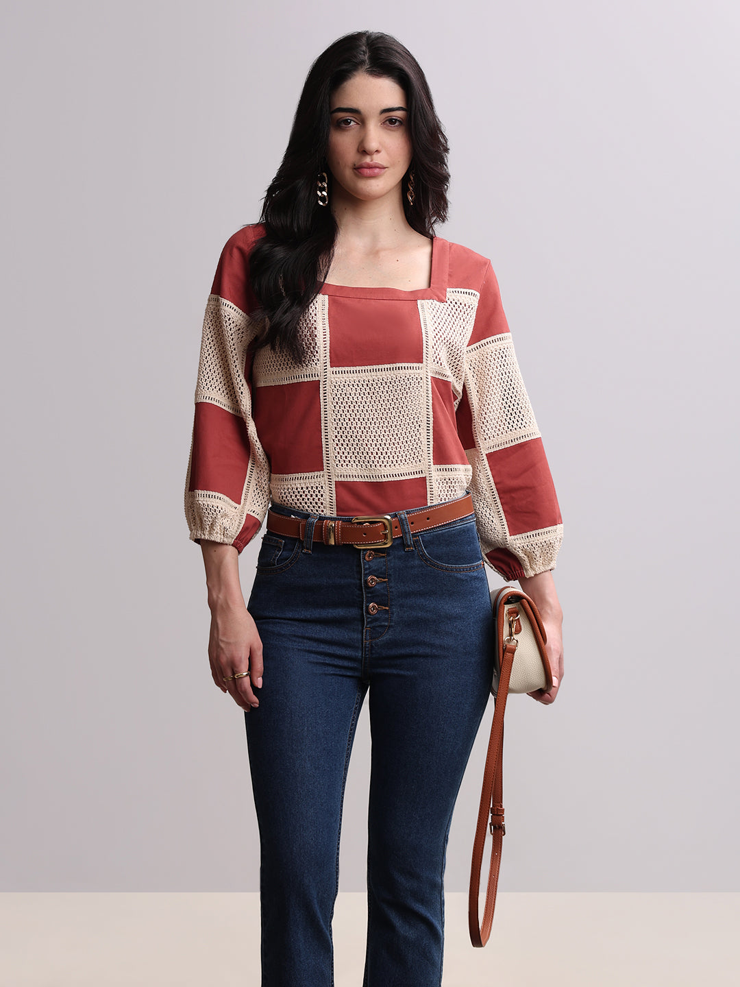 Colourblocked Crochet Detail Top