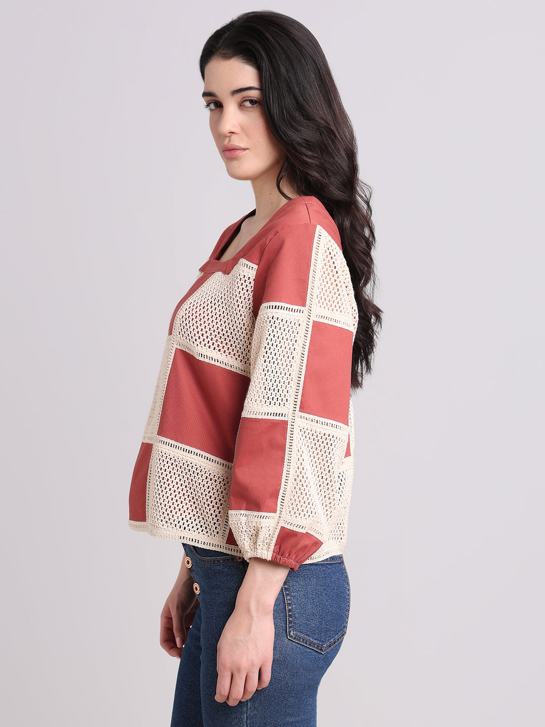 Colourblocked Crochet Detail Top