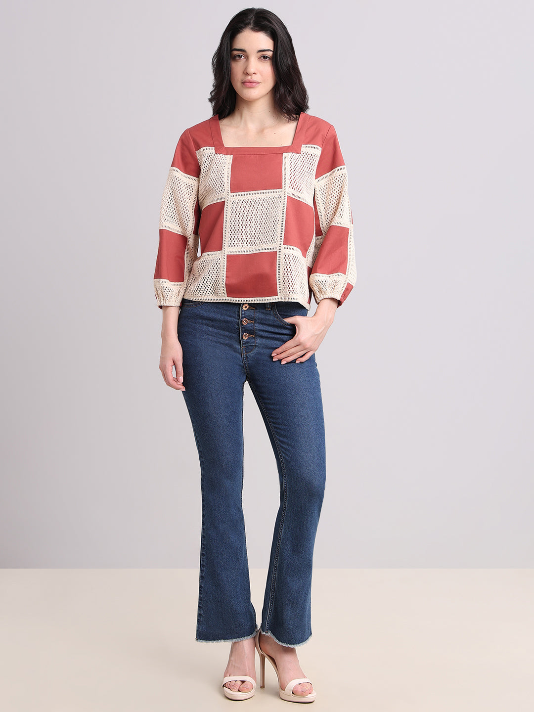 Colourblocked Crochet Detail Top