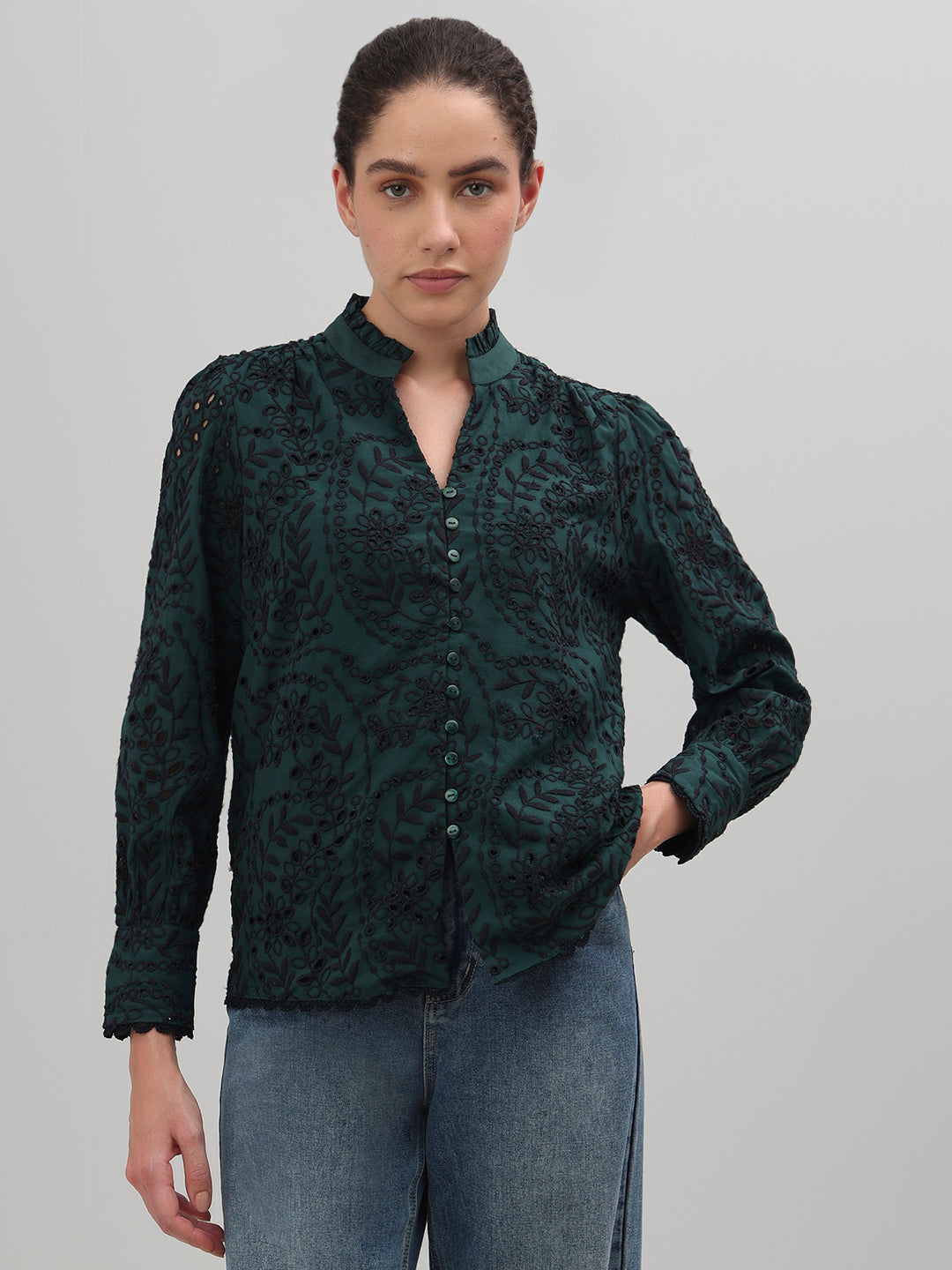 Dark Green Lace Cotton Shirt