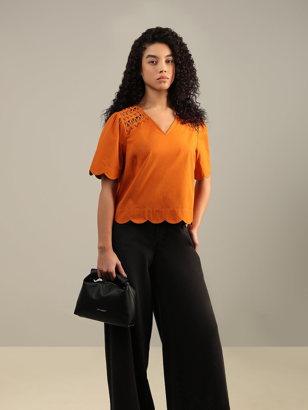Orange V-Neck Cotton Top
