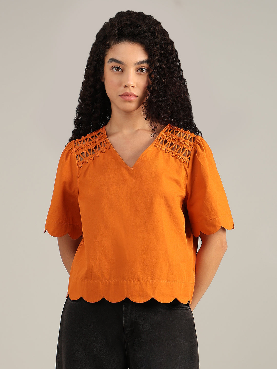 Orange V-Neck Cotton Top