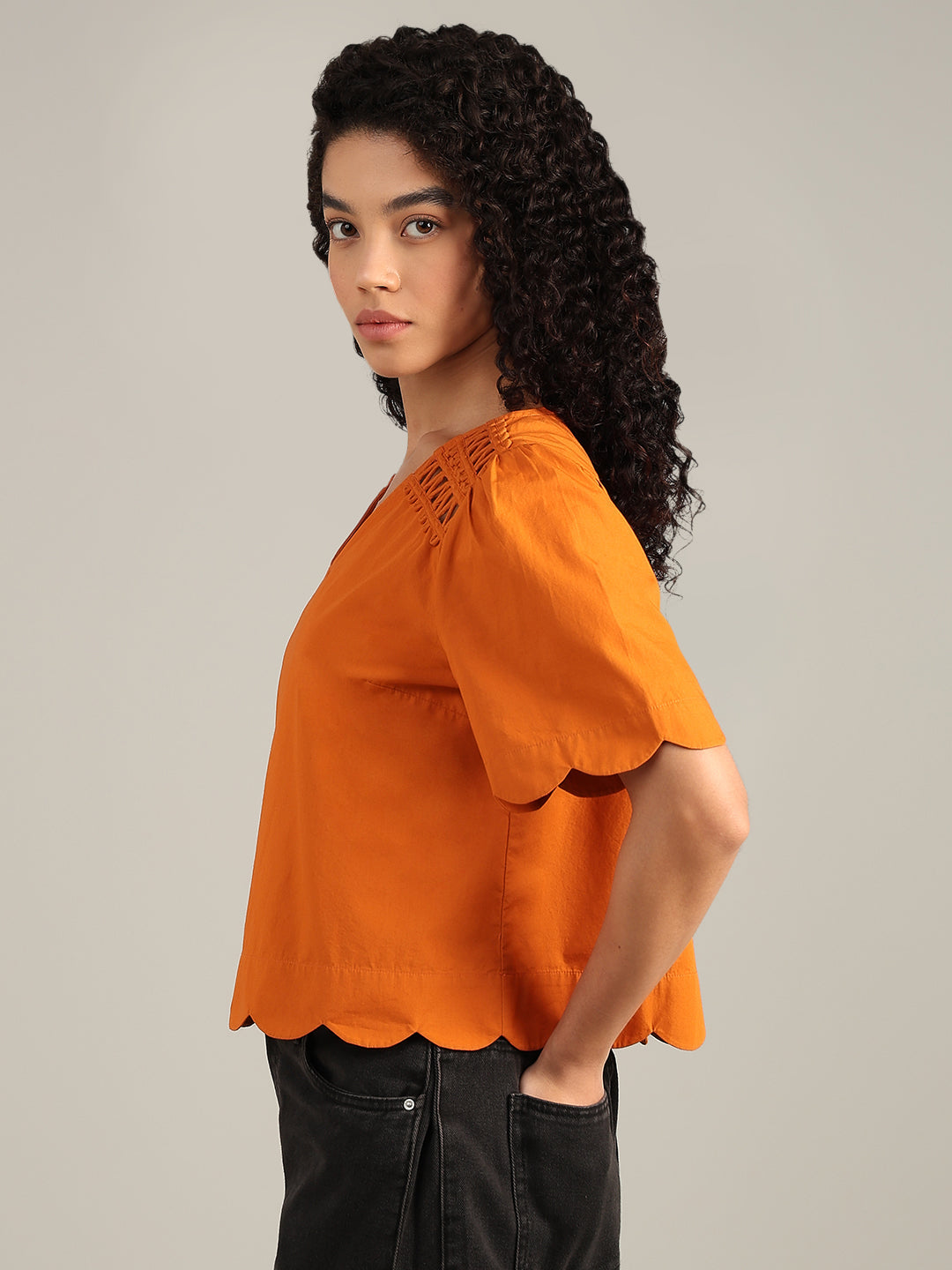 Orange V-Neck Cotton Top