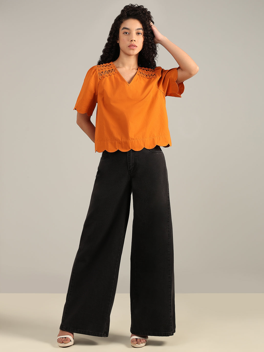 Orange V-Neck Cotton Top