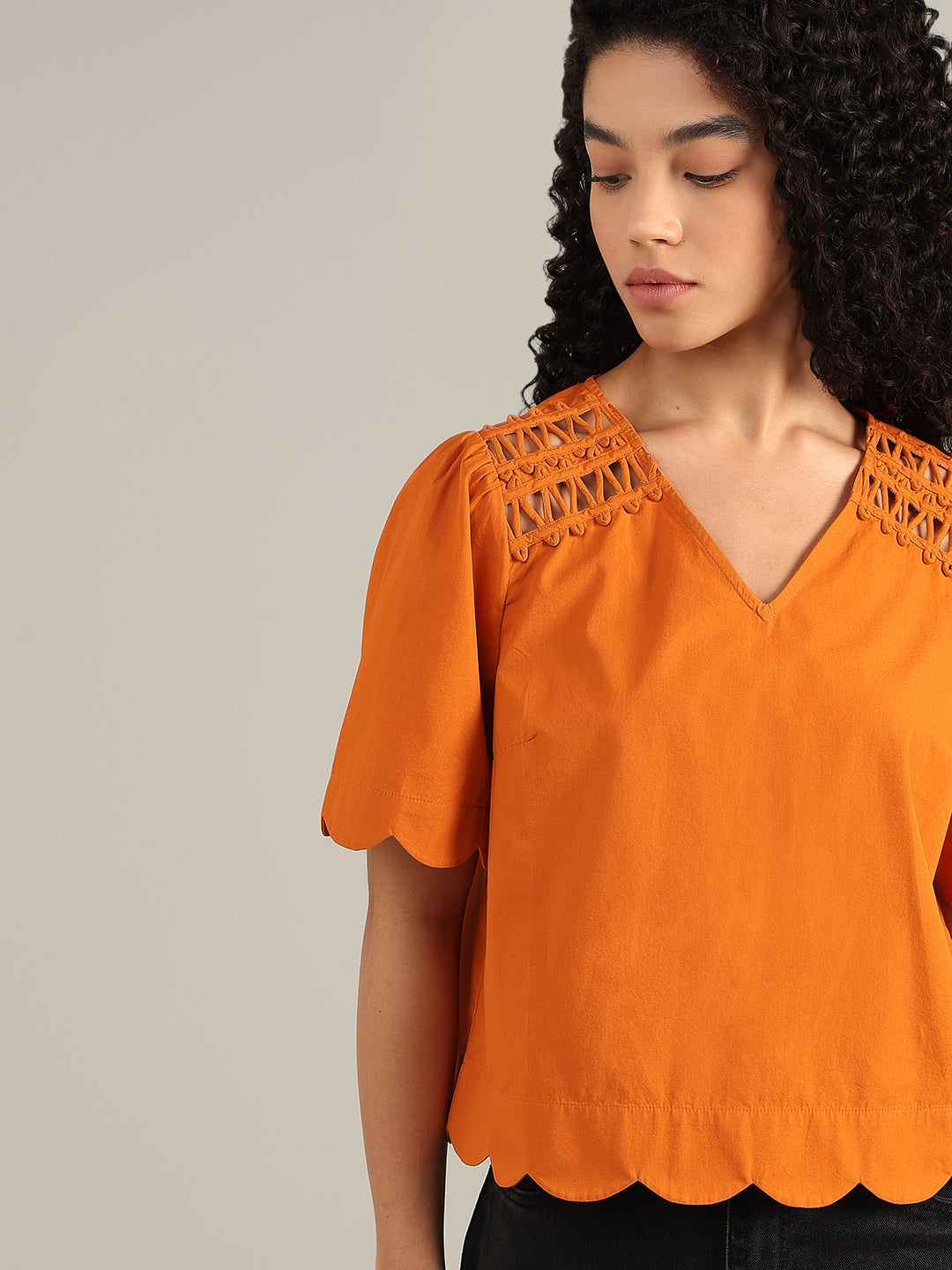 Orange V-Neck Cotton Top